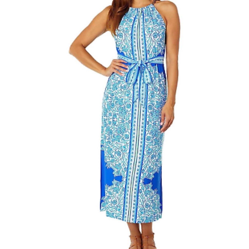 Lilly Pulitzer Bingham Blue and White Halter Sundress sz XL EUC